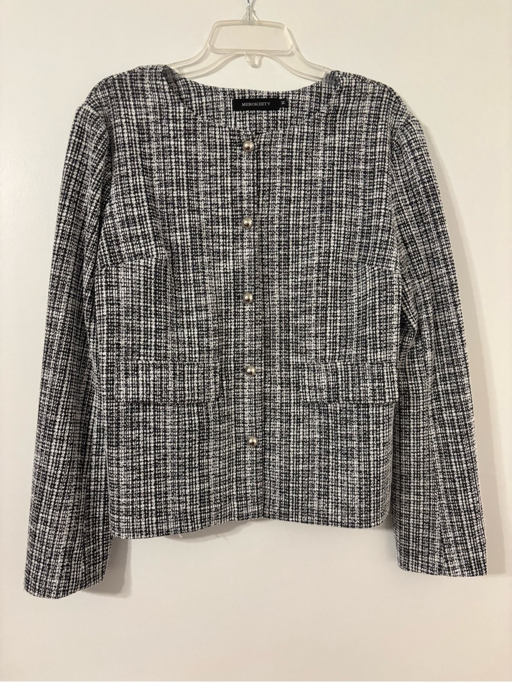 Merokeety Black & White Tweed Button-Front Jacket